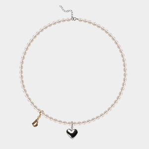 LOVE HEART PEARL NECKLACE (SILVER)